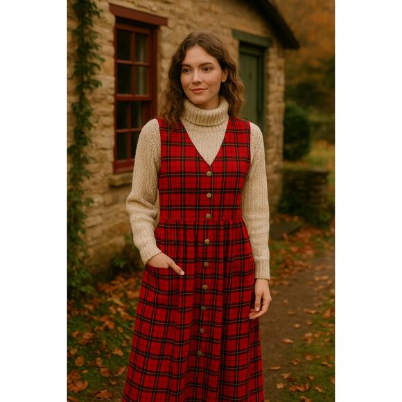 Vtg Blair Red Tartan Plaid  Jumper Dress Women’s Med Cottagecore 90s Holiday - Picture 1 of 8